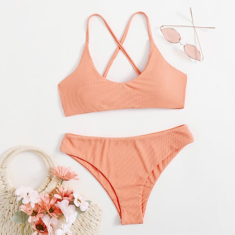 

Plain Lace-up Back Bikini Swimsuit, Coral orange