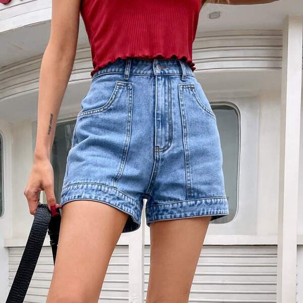 

Solid Slant Pocket Denim Shorts, Medium wash