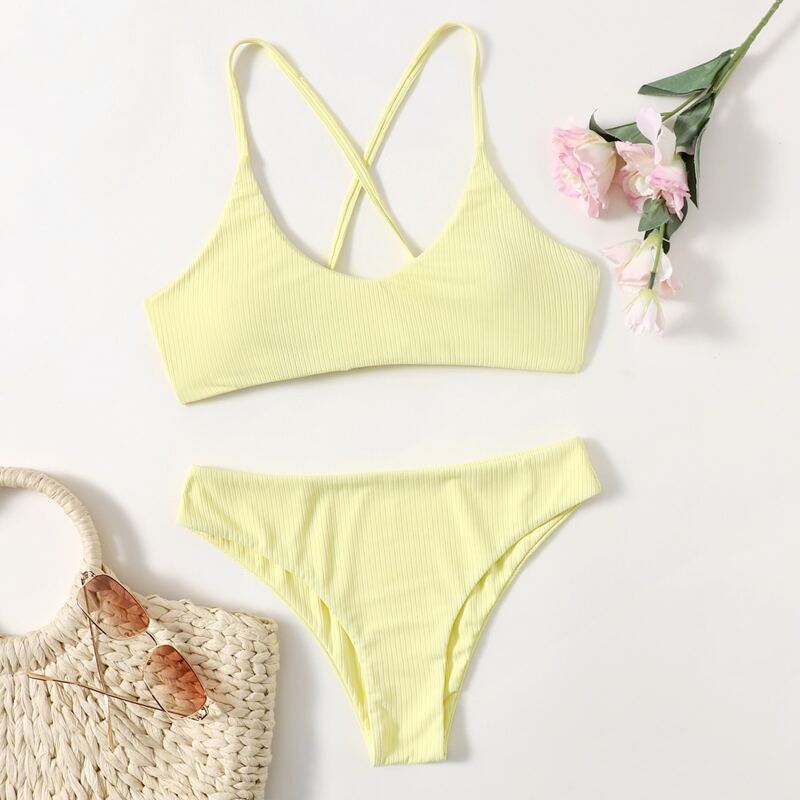 

Plain Lace-up Back Bikini Swimsuit, Yellow