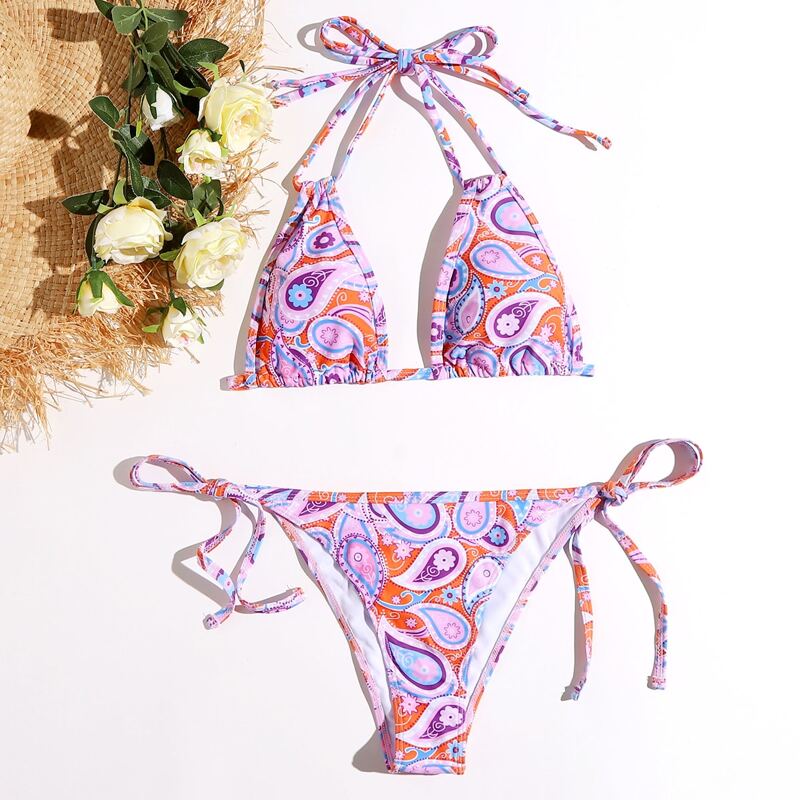 

Paisley Halter Tie Side Bikini Swimsuit, Multicolor