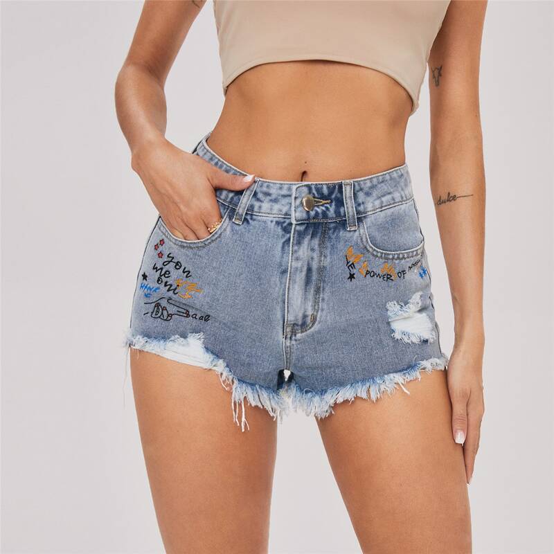

Letter Embroidery Raw Hem Ripped Denim Shorts, Light wash