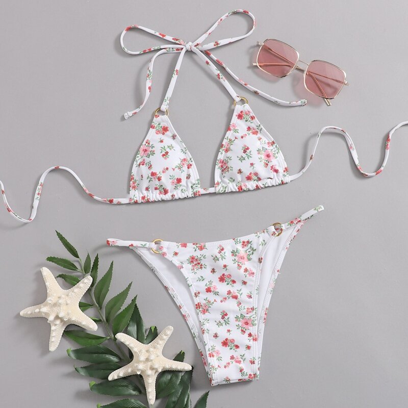 

Ditsy Floral Ring Decor Bikini Swimsuit, White