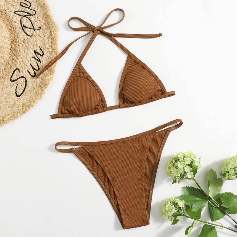

Ribbed Triangle Halter Bikini Swimsuit, Brown