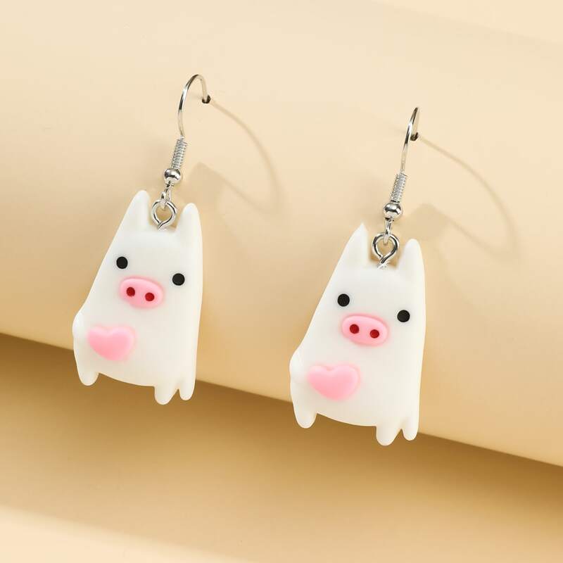 

Cartoon Pig Drop Earrings, White