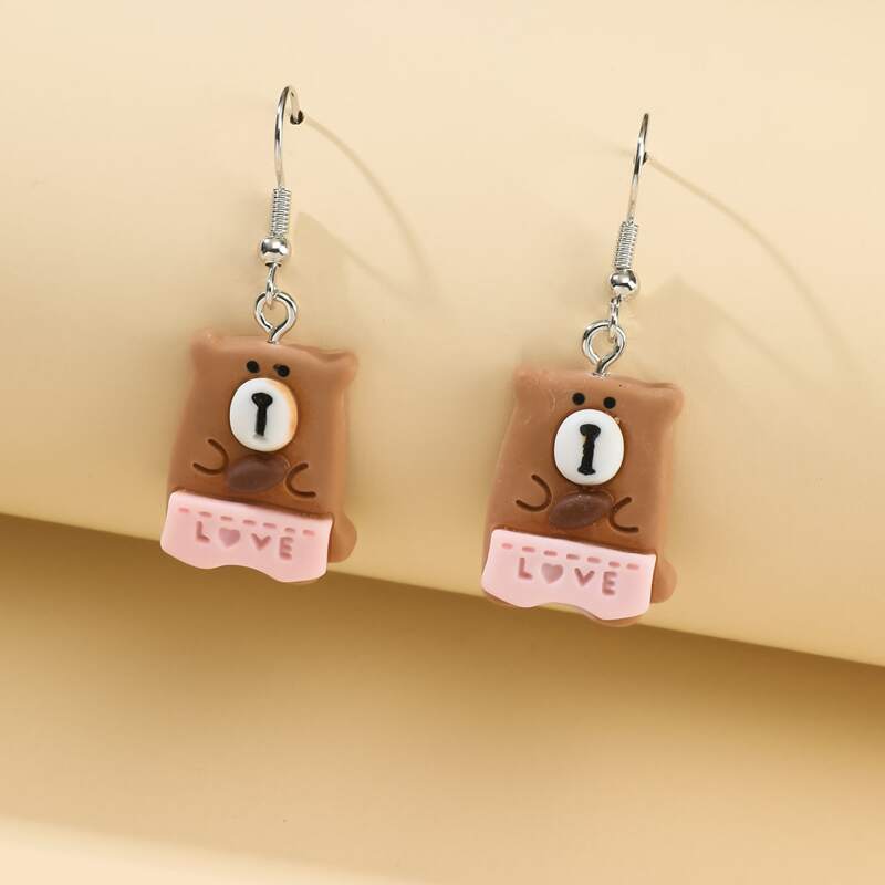 

Cartoon Bear Drop Earrings, Brown