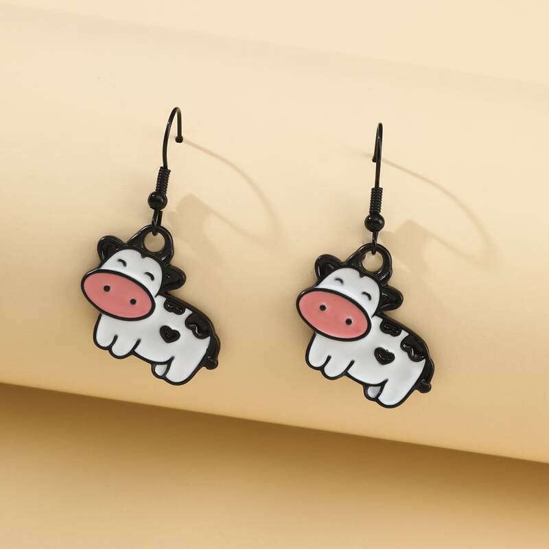 

Cartoon Cow Drop Earrings, Black and white
