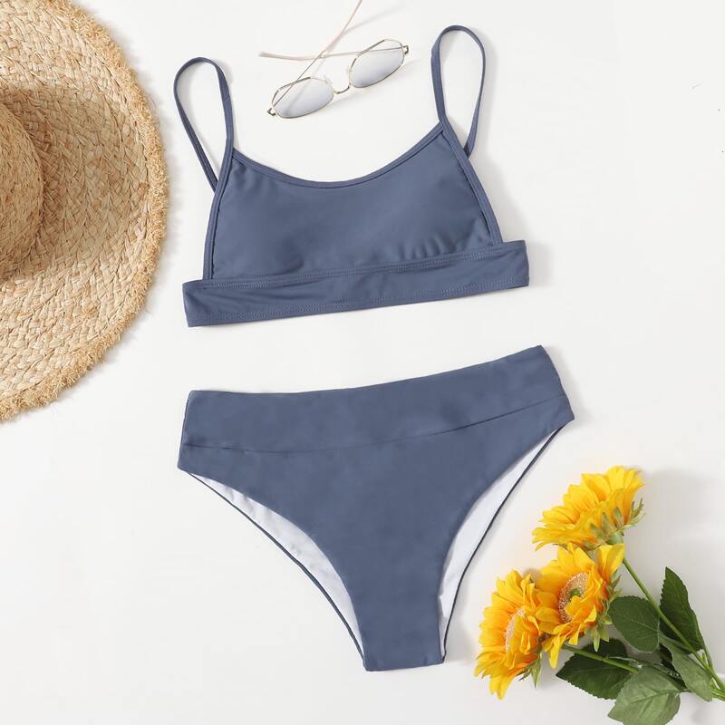 

Solid Cami High Waist Bikini Swimsuit, Dusty blue