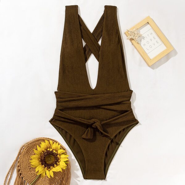 

Rib Knot Plunging One Piece Swimsuit, Army green
