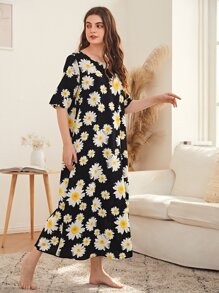 SHEIN Unity 滿版向日葵圖案睡裙 - 黑色 - 查看 1