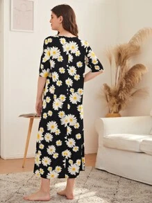 SHEIN Unity 滿版向日葵圖案睡裙 - 黑色 - 查看 2