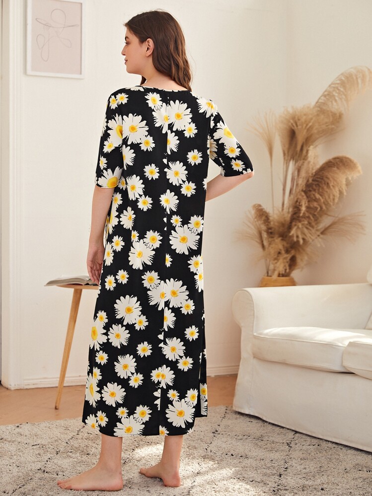 SHEIN Unity Vestido de dormir con estampado de girasol - Negro - Añade 2