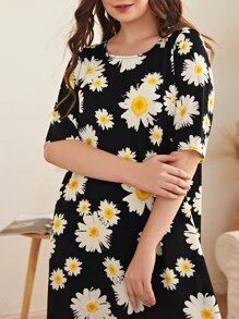 SHEIN Unity 滿版向日葵圖案睡裙 - 黑色 - 查看 3