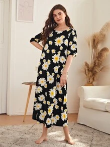 SHEIN Unity 滿版向日葵圖案睡裙 - 黑色 - 查看 5