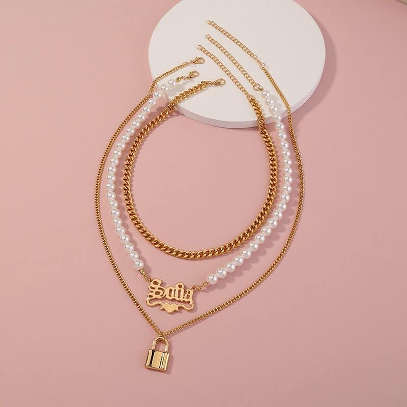 

3pcs Faux Pearl Decor Lock Charm Necklace, Gold