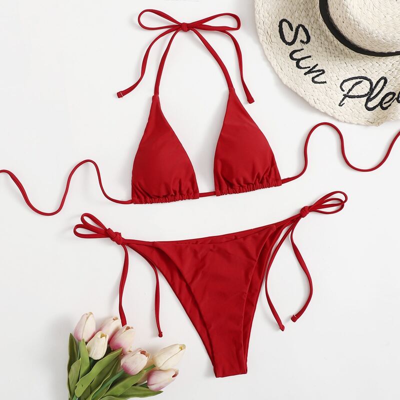 

Triangle Tie Side Bikini Swimsuit, Red