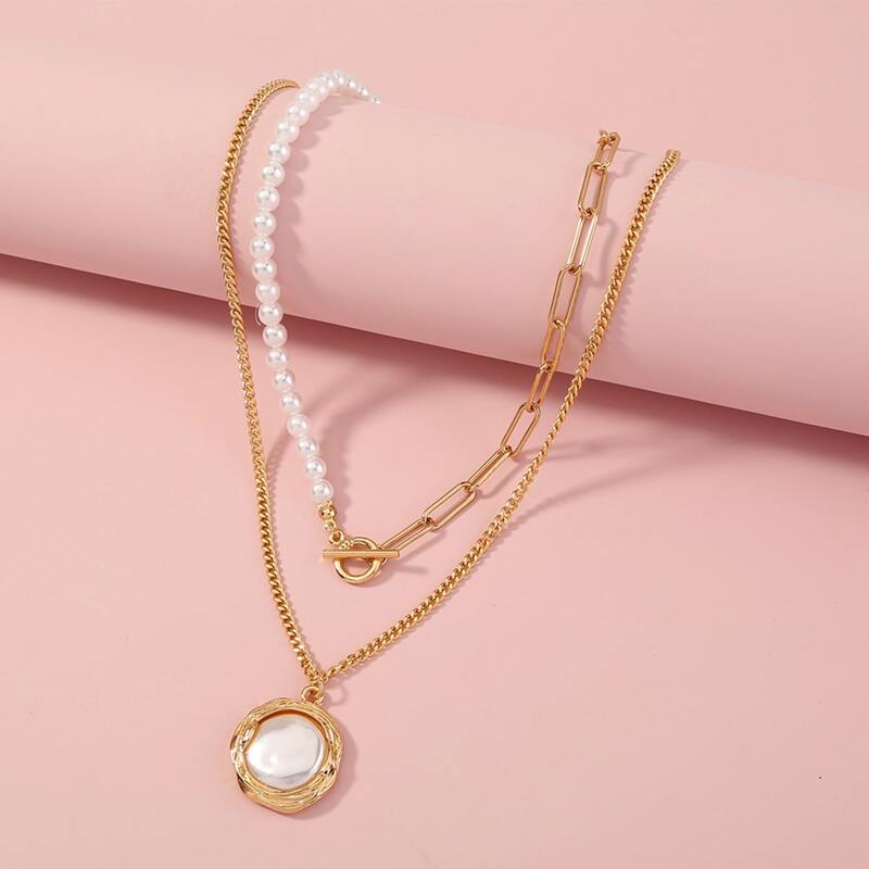 

2pcs Faux Pearl Decor Necklace, Gold