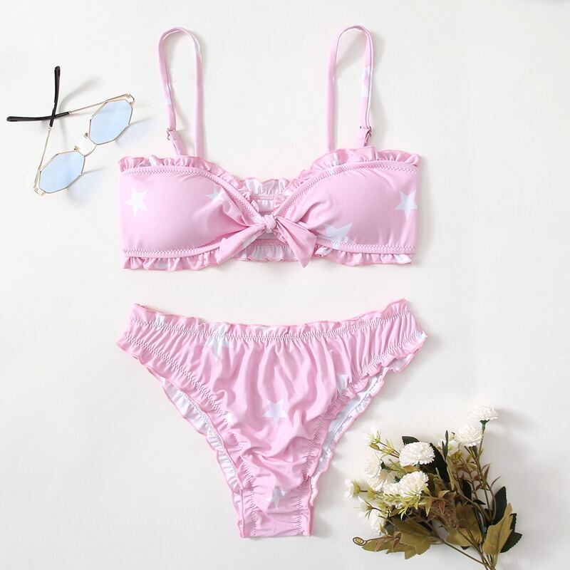 

Star Print Frill Trim Bikini Swimsuit, Baby pink