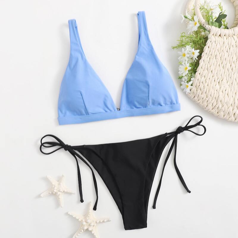 

Two Tone Tie Side Bikini Swimsuit, Multicolor