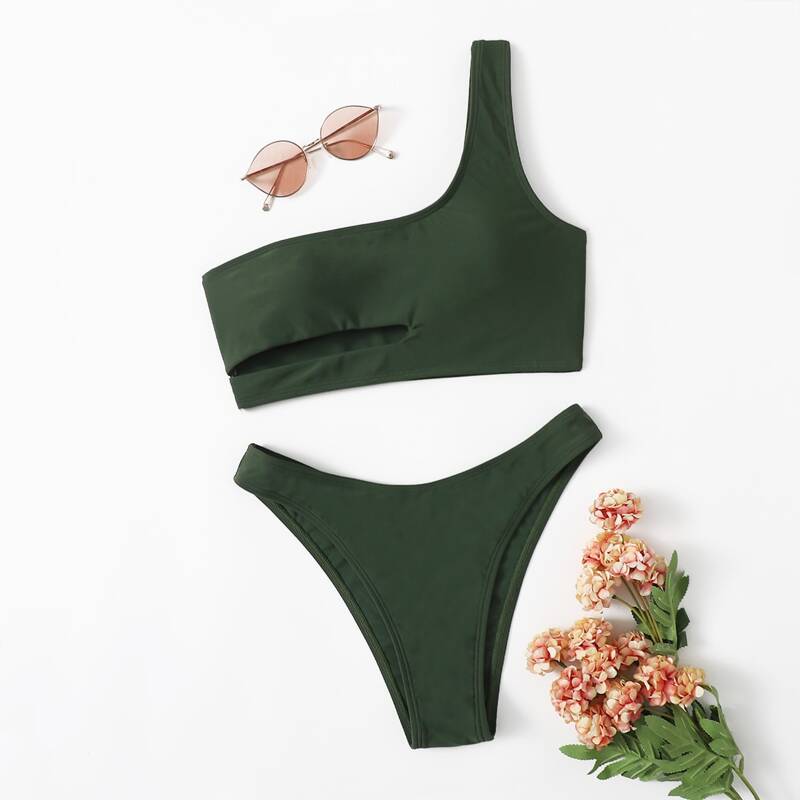 

Cut-out One Shoulder Bikini Swimsuit, Army green