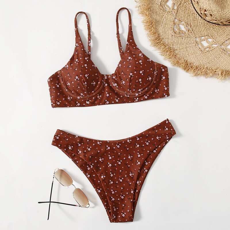 

Ditsy Floral Underwire Bikini Swimsuit, Brown