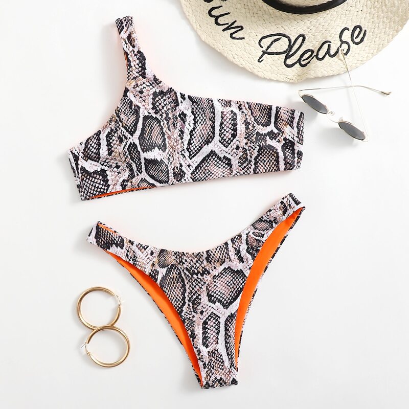 

Snakeskin One Shoulder Bikini Swimsuit, Multicolor