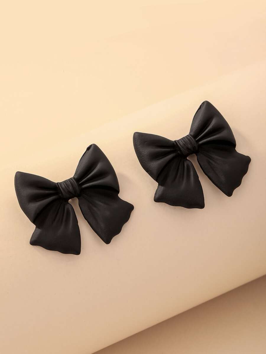 Andkiss Bow Design Stud Earrings - Black - View 1