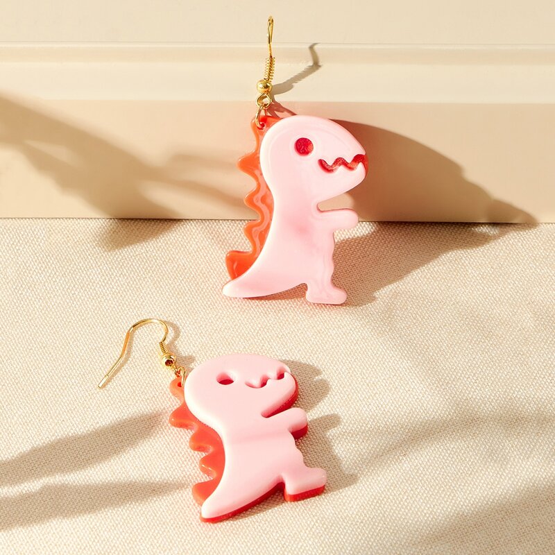 

Cartoon Dinosaur Drop Earrings, Baby pink