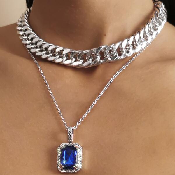

2pcs Gemstone Decor Necklace, Silver
