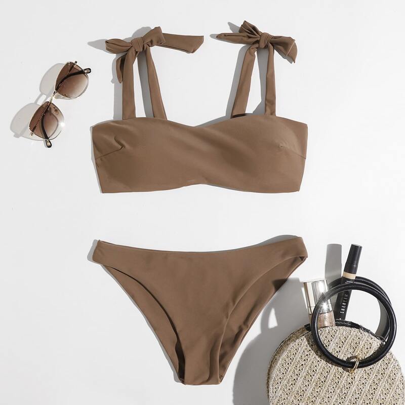 

Solid Tie Shoulder Bikini Swimsuit, Coffee brown