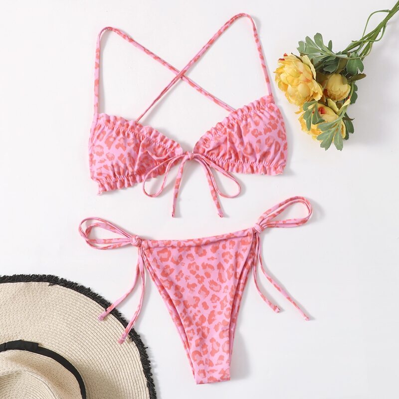 

Leopard Frill Trim Bikini Swimsuit, Pink