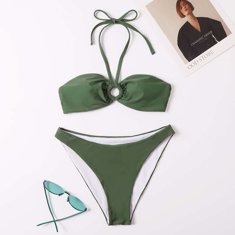 

Ring Decor Halter Bikini Swimsuit, Army green