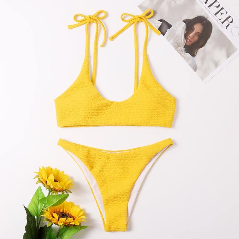 

Textured Tie Shoulder Bikini Swimsuit, Yellow