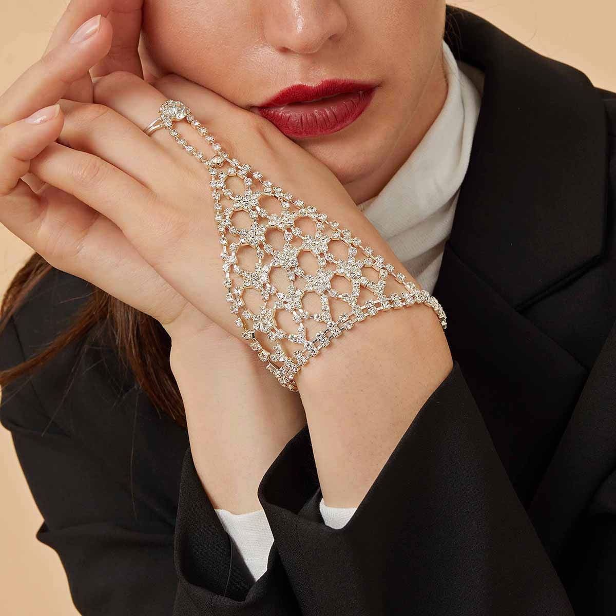 

Rhinestone Hand Harness Bracelet Linked Ring, Silver