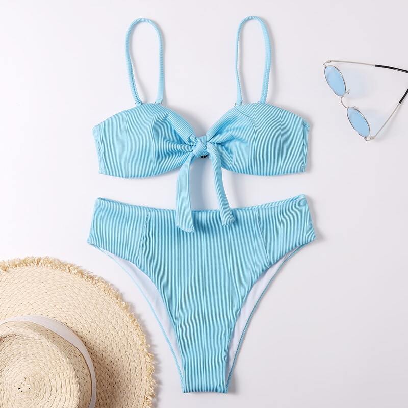 Knot Front High Waist Bikini Swimsuit, Baby blue