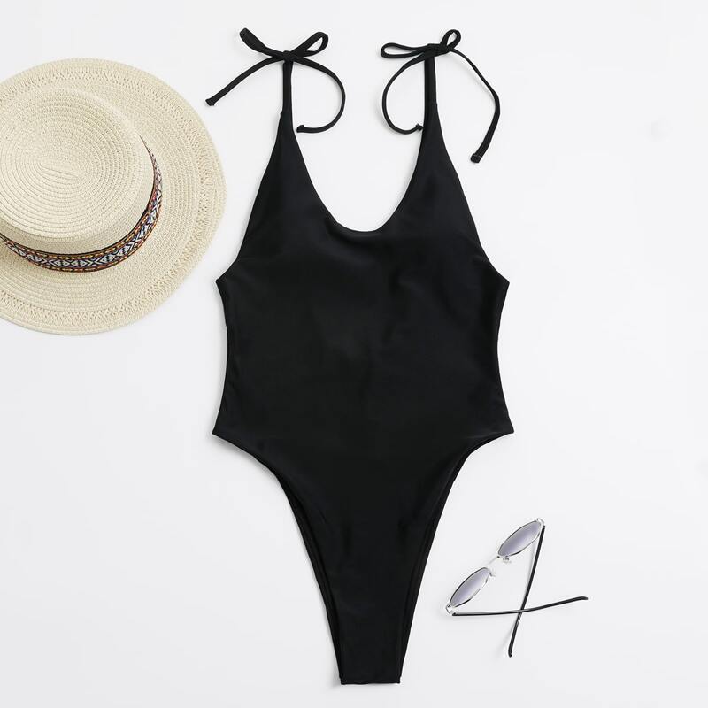 

Solid Tie Shoulder One Piece Swimsuit, Black