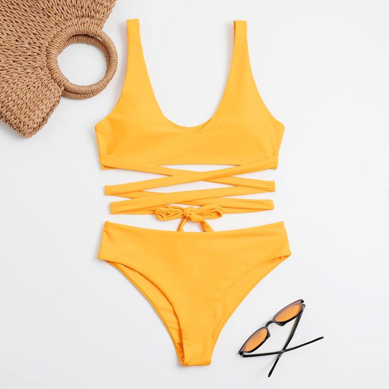 

Solid Crisscross Decor Bikini Swimsuit, Yellow