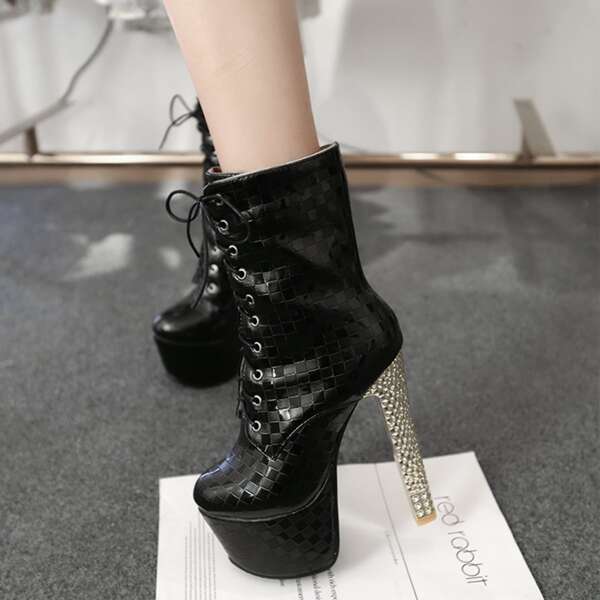 

Woven Pattern Platform Lace Up Boots, Black