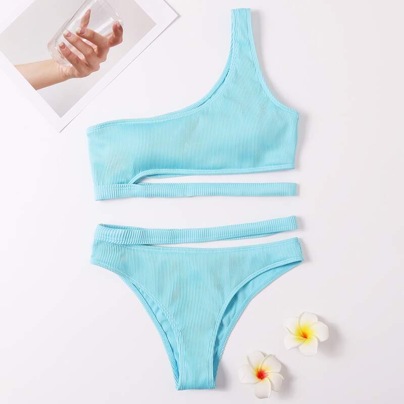 

One Shoulder Cut-out Bikini Swimsuit, Baby blue