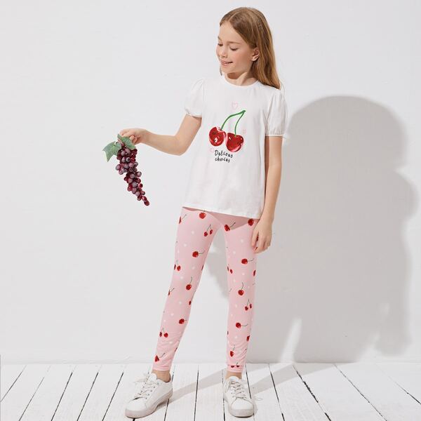 

Girls Letter & Cherry Print Tee and Pants Set, Multicolor