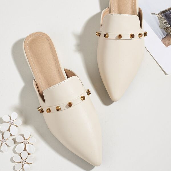 

Spiked Decor Flat Mules, Beige