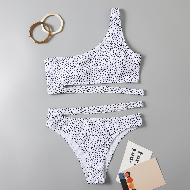 

Dalmatian One Shoulder Bikini Swimsuit, Black and white