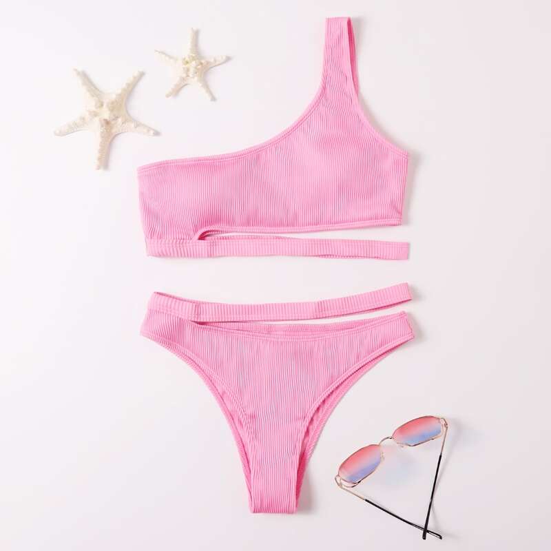

One Shoulder Cut-out Bikini Swimsuit, Baby pink