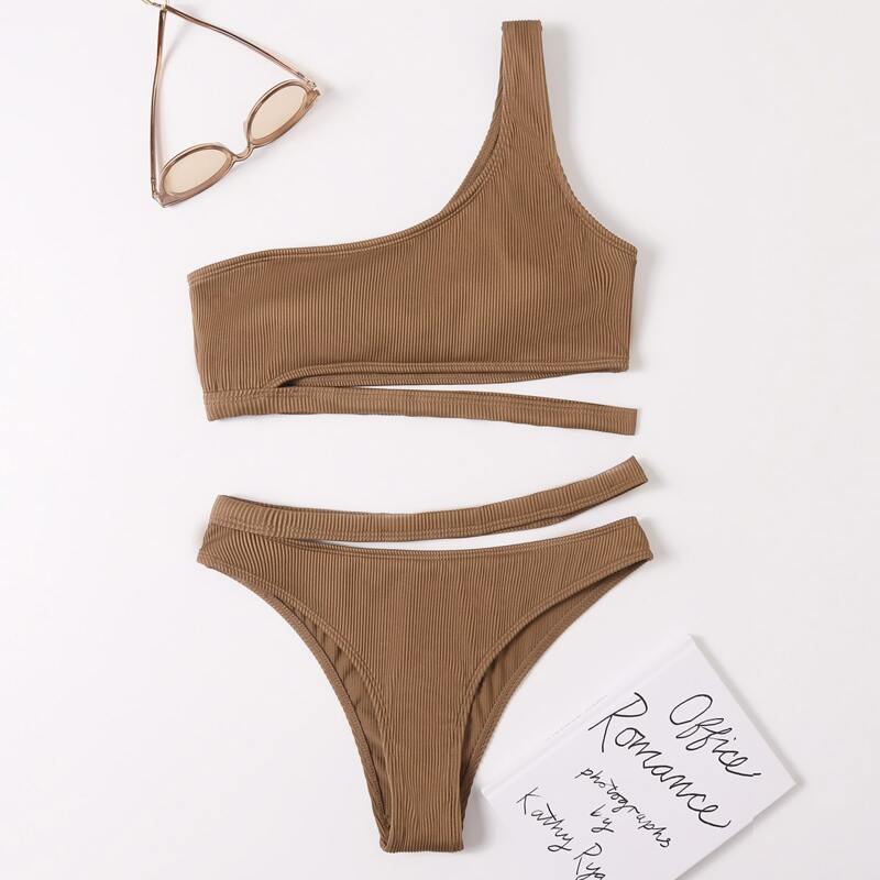 

One Shoulder Cut-out Bikini Swimsuit, Brown