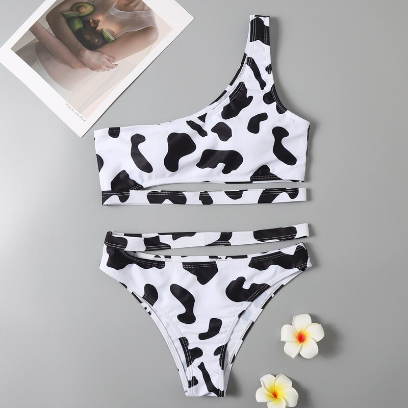 

Cow Print One Shoulder Bikini Swimsuit, Black and white