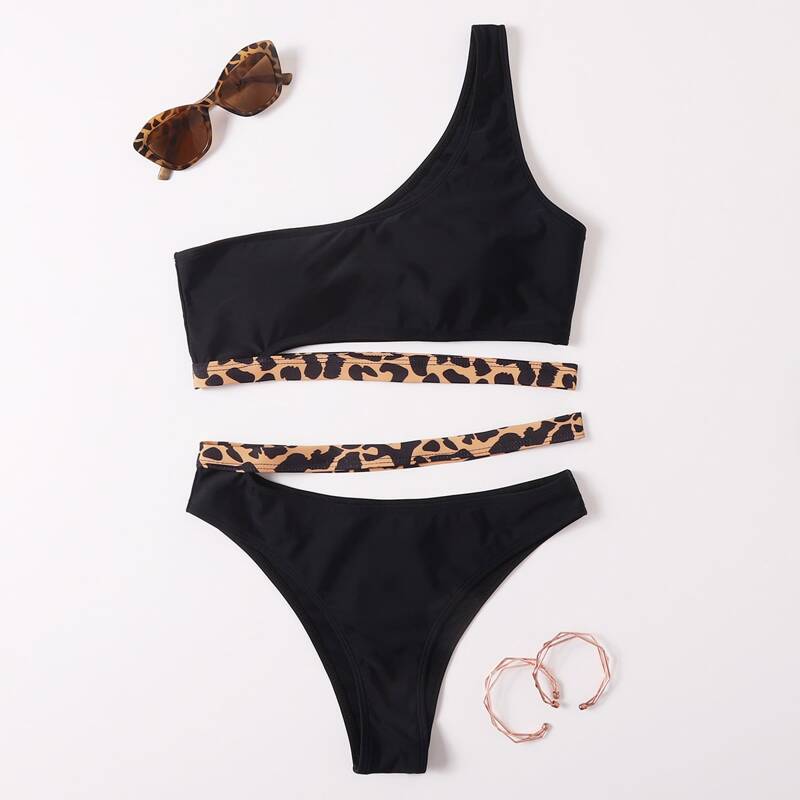 

Leopard Tape One Shoulder Bikini Swimsuit, Black