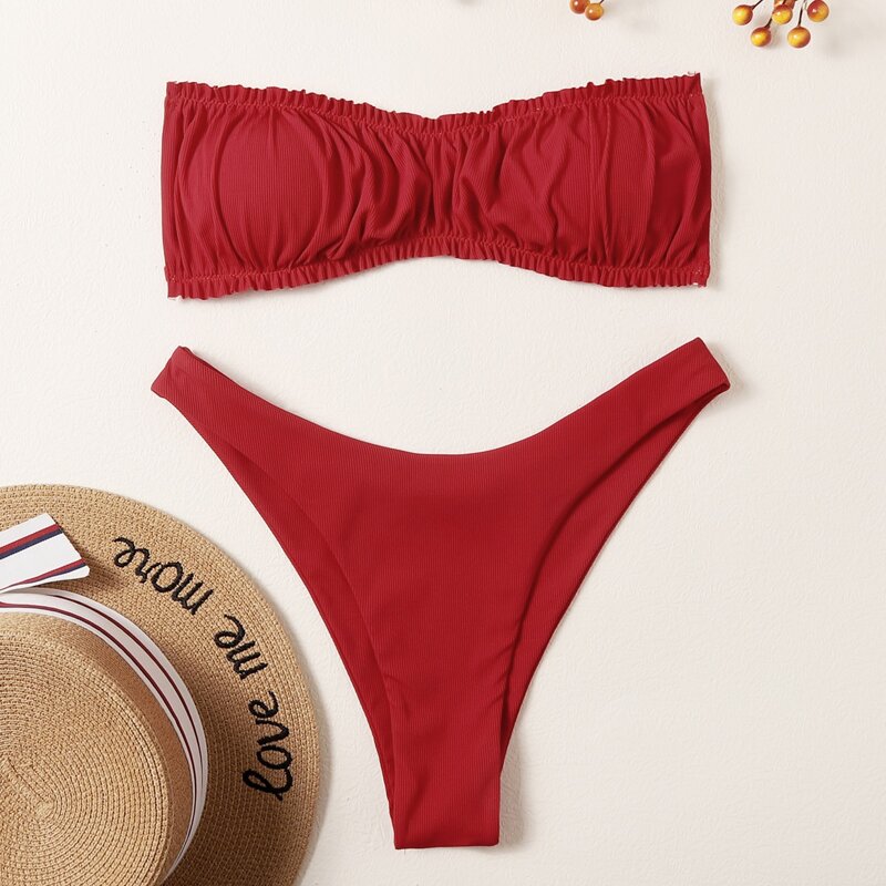 

Ruched Bust High Leg Bikini Swimsuit, Burgundy