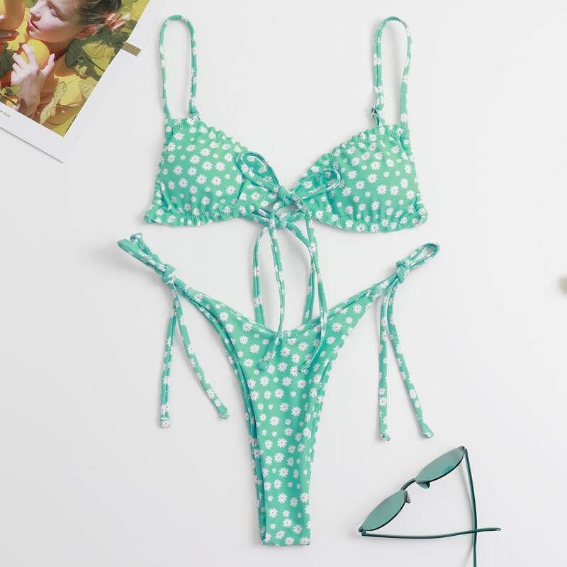 

Ditsy Floral Frill Tie Side Bikini Swimsuit, Mint green