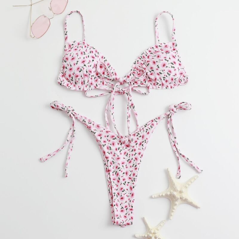 

Ditsy Floral Frill Tie Side Bikini Swimsuit, Baby pink