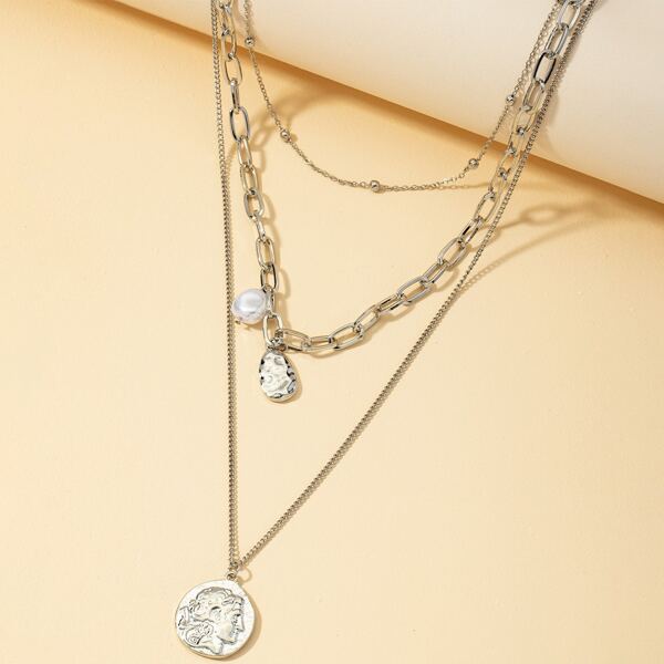

Coin Charm Layered Necklace, Silver