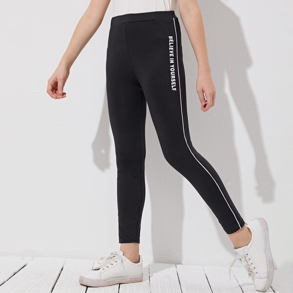

Girls Contrast Binding Letter Graphic Leggings, Black